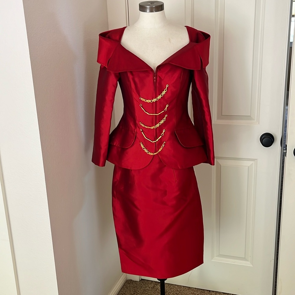 Christian Lacroix Red Satin Off-Shoulder Peplum Jacket with Gold Chain Detail